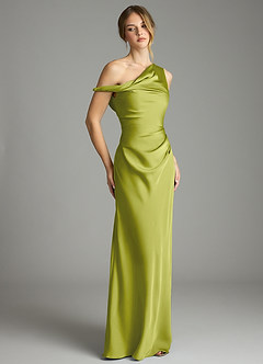 Azazie Emerson Bridesmaid Dresses Lemongrass Mermaid Off the Shoulder Stretch Satin Dress image5