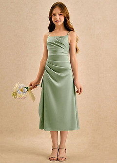 Azazie Canna Girls Formal Sukienki dla dziewczynek sypiących kwiaty Linia A Pofałdowany Satyna elastyczna Długość herbaty Sukienka image5