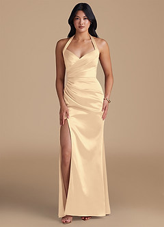Azazie Emeria Bridesmaid Dresses Gold Sheath Side Slit Metallic Satin Dress image1