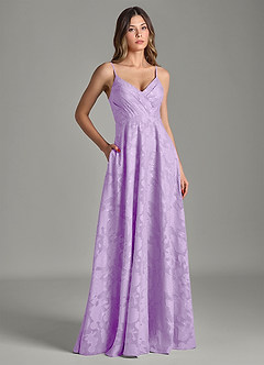 Azazie Amani 신부 들러리 드레스 A라인 주름진 플로럴 번아웃 바닥 길이 드레스 image3