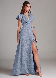 Azazie Ling Bridesmaid Dresses Dusty Blue A-Line Pleated Floral Burnout Dress image4