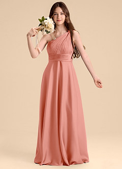 Azazie Charlize Junior Abito A-Line in Raso Elasticizzato Plissettato Corallo image6