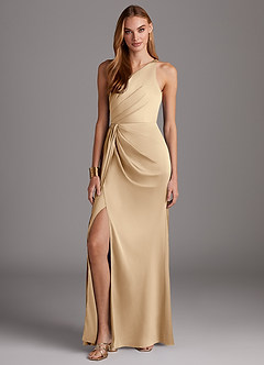Azazie Mika Bridesmaid Dresses Champagne Sheath One Shoulder Stretch Satin Dress image3
