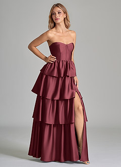 Azazie Faye Bridesmaid Dresses Merlot A-Line Ruched Stretch Satin Dress image1