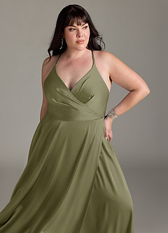 Azazie Davis Bridesmaid Dresses Pistachio A-Line Pleated Stretch Satin Dress image11