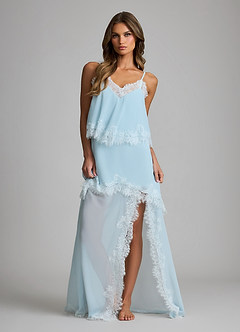 front Chiffon-Brautmorgenmantel/Nachthemd mit Spitzenbesatz, V-Ausschnitt, Seitenschlitz und langem Unterkleid
