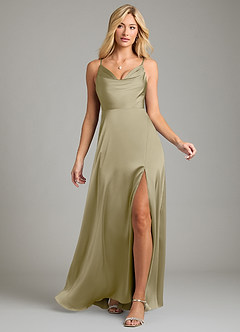 Azazie Sarella Bridesmaid Dresses Moss Green A-Line Pleated Stretch Satin Dress image6