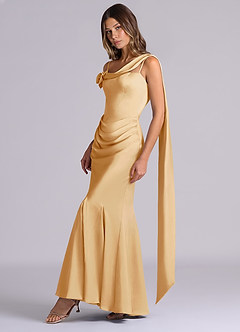 Azazie Inara 신부 들러리 드레스 인어 주름진 스트레치 새틴 바닥 길이 드레스 image3