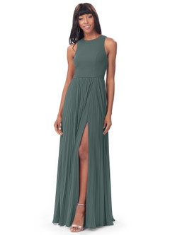 Azazie Lindie Final Sale Pewter A-Line Scoop Pleated Chiffon Dress image4