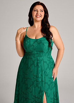 Azazie Moira Bridesmaid Dresses Emerald A-Line Side Slit Floral Burnout Dress image12