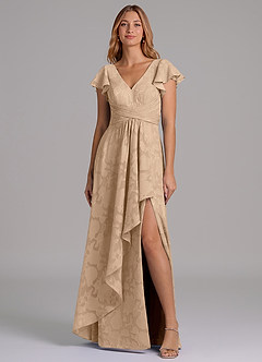 Azazie Omari 신부 들러리 드레스 A라인 주름진 플로럴 번아웃 바닥 길이 드레스 image4