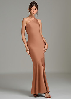 Azazie Jalissa Jurken voor bruidsmeisjes Jurk van Stretch Satijn met Zeemeermin One-shoulder Bronzeertint image3