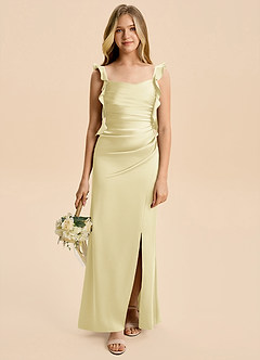 Azazie Jessamine Junior Lemon Sorbet A-Line Ruched Stretch Satin Dress image1