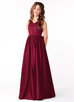 Azazie Hathaway Junior Vestido de Borgoña de Satén Elástico de Corte En A con Lazo image3