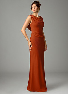 Azazie Kieryn Vestidos de damas de honor Vestido de Naranja Quemada de Satén Elástico de Corte Sirena con Plisado image3