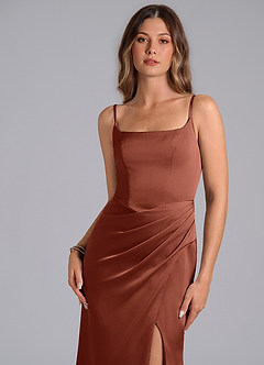 Azazie Donielle Vestidos de madrinha de casamento Vestido Castanho Aloirado de Cetim elástico de sereia com Espartilho image6