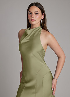Azazie Sahara Final Sale Agave A-Line Pleated Stretch Satin Dress image4