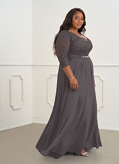 Azazie Hayek Mother of the Bride Dresses Steel Grey A-Line V-Neck Lace Chiffon Dress image8