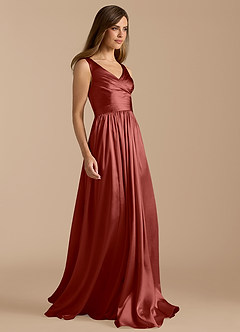 Azazie Keyla Bridesmaid Dresses Terracotta A-Line Pleated Metallic Satin Dress image7
