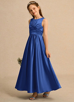 Azazie Ducky Girls Formal 플라워 걸 드레스 A라인 주름진 스트레치 새틴 발목 길이 드레스 image3