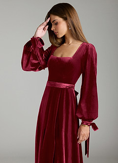 Azazie Leonia Bridesmaid Dresses Burgundy A-Line Long Sleeve Velvet Dress image6