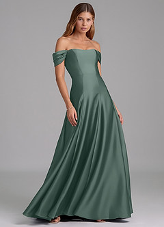 Azazie Seriana Morsiusneito Mekot A-linja Olkapään ulkopuolella Joustava satiini Lattian pituus Pukeutua image4