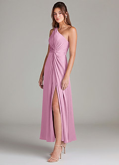 Azazie Brooke Robes de demoiselle d'honneur Robe Trapèze en Satin extensible Une épaule Rose Bonbon image5