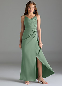 Azazie Maci Junior Vestido de Matcha de Satén Elástico de Corte Sirena con Plisado image3