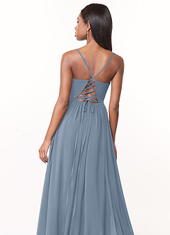 Azazie Marilyssa Vestidos de madrinha de casamento Vestido Azul Empoeirado de Chiffon elástico de Linha A com Espartilho image4
