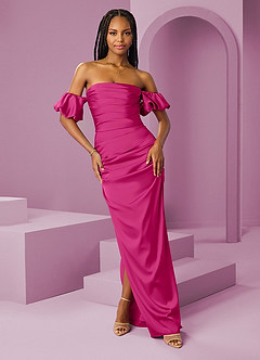 Barbie ♥ Azazie Bridesmaid Dresses Barbie Pink Sheath Off the Shoulder Stretch Satin Convertible Dress image1