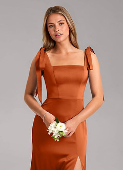 Azazie Frostine Bridesmaid Dresses Burnt Orange A-Line Bow Stretch Satin Dress image4