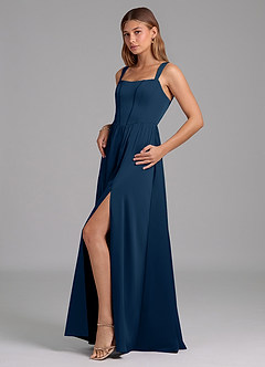 Azazie Rosaline At-home Try On Dresses Dark Navy A-Line Side Slit Stretch Satin Dress image5