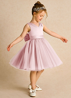 Azazie Tadpole Robe Demoiselle D'honneur Fillette Robe Trapèze en Mat Satiné Plissée Rose Poudré image3