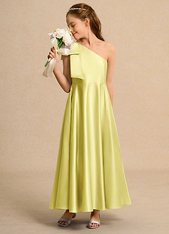 Azazie Guppy Girls Formal Flower Girl Dresses Lemon Sorbet A-Line One Shoulder Matte Satin Dress image4