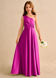 Azazie Puddles Girls Formal Blumenmädchenkleider A-Linie One-Shoulder Matte Satin Kleid Fuchsia image1