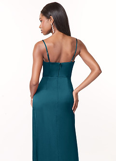 Azazie Maci Brautjungfernkleider A-Linie V-Hals Gefaltet Stretch-Satin Kleid Tintenblau image4