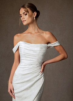 Azazie Tilly Wedding Dresses Diamond White Sheath Off the Shoulder Floral Jacquard Dress image9