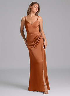 Azazie Leo Final Sale Copper Sheath Pleated Stretch Satin Dress image4