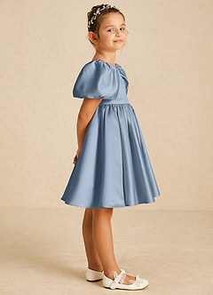 Azazie Muffin Flower Girl Dresses Dusty Blue A-Line with Sleeves Matte Satin Dress image3