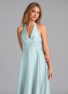 Azazie Tessie Bridesmaid Dresses Sea Glass A-Line Pleated Stretch Satin Dress image6
