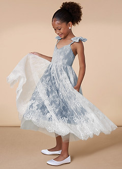 Azazie Tilly Flower Girl Dresses Diamond White Dusty Blue A-Line Lace Dress image3