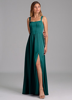 Azazie Rosaline Bridesmaid Dresses Peacock A-Line Side Slit Stretch Satin Dress image4