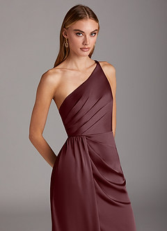 Azazie Mika Bridesmaid Dresses Sangria Sheath One Shoulder Stretch Satin Dress image7
