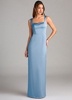 Azazie Flori Bridesmaid Dresses Powder Blue Sheath Side Slit Stretch Satin Dress image1