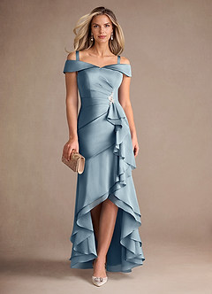 Azazie Billings Mère de la mariée Robes Robe Sirène en Satin extensible Épaule décolletée Bleu Poussiéreux image7