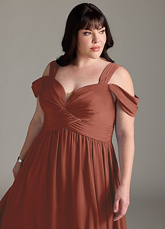 Azazie Lianne Bridesmaid Dresses Auburn A-Line Off the Shoulder Stretch Satin Dress image14