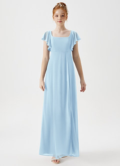 Azazie Bondi Junior Sky Blue A-Line Side Slit Mesh Dress image4