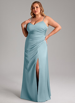 Azazie Azuree Bridesmaid Dresses Moody Blue A-Line Pleated Stretch Satin Dress image9