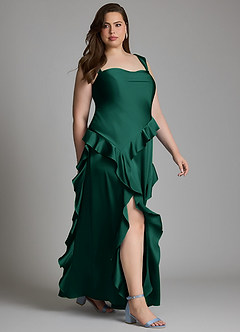 Azazie Sloane At-home Try On Dresses Emerald A-Line Sweetheart Neckline Stretch Satin Dress image12