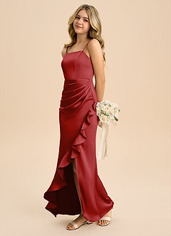 Azazie Buzzy Junior Pomegranate Sheath Pleated Stretch Satin Dress image6